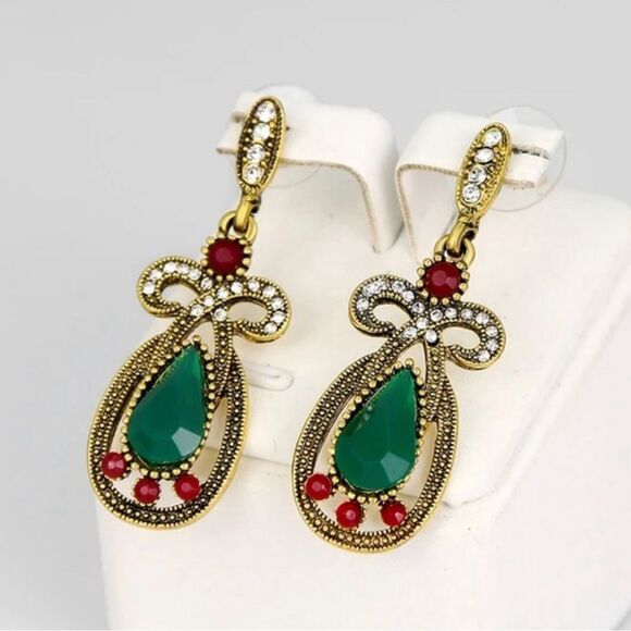Vintage Emerald Ruby Diamond Drop Earrings - Picture 1 of 5